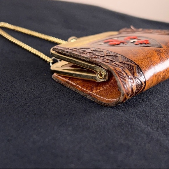 HANDMADE TOOLED LEATHER COIN PURSE GOLD CHAIN PAINTED FLEUR DE LIS WESTERN - Picture 6 of 14